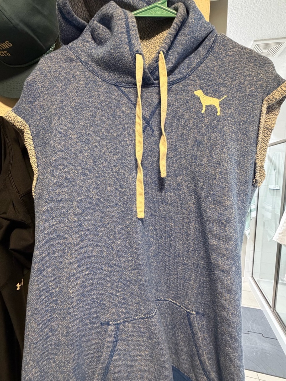 PINK sleeveless hooded sweatshirt in heather blue with cream accents